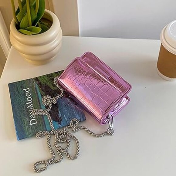 Neiman Marcus Pink Croco Leather Design Mini Crossbody Bag - Picture 4 of 4